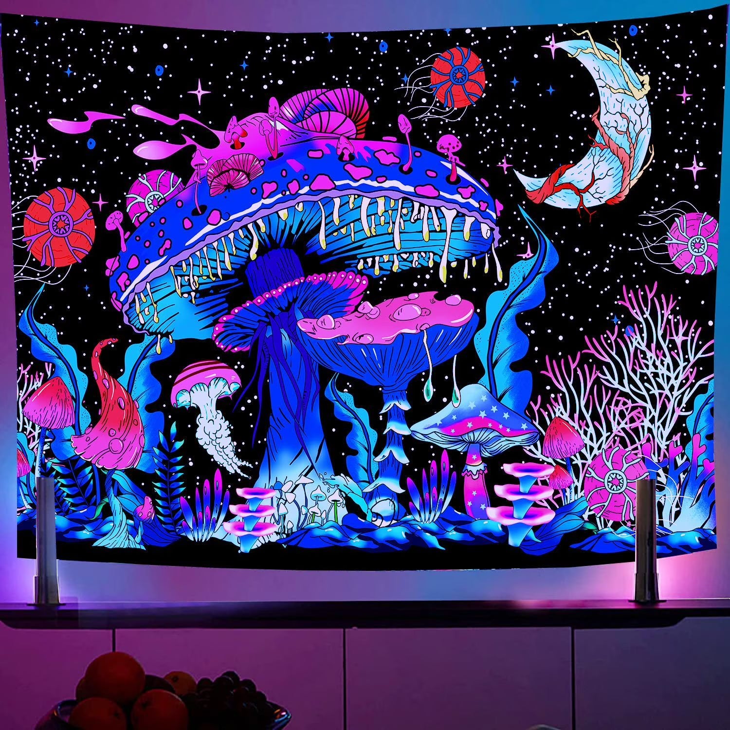 Blacklight Mushroom Tapestry Wall Tapestry Monster Tapestry Wall Hanging for Bedroom, Living Room,91"X71"
