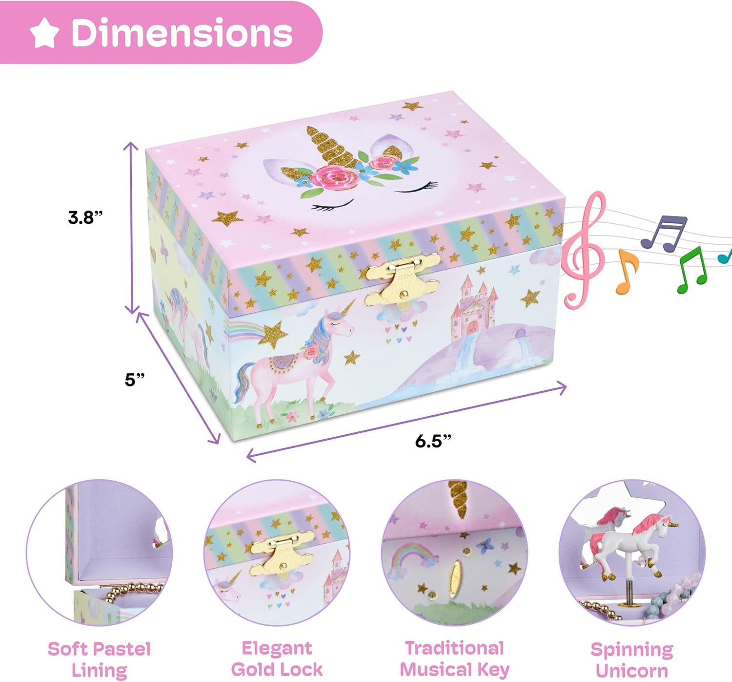 Musical Jewelry Box for Girls with Spinning Unicorn, Glitter Rainbow and Stars Design Music Box for Necklace, Earrings, and Accessories, Plays the Beautiful Dreamer Tune