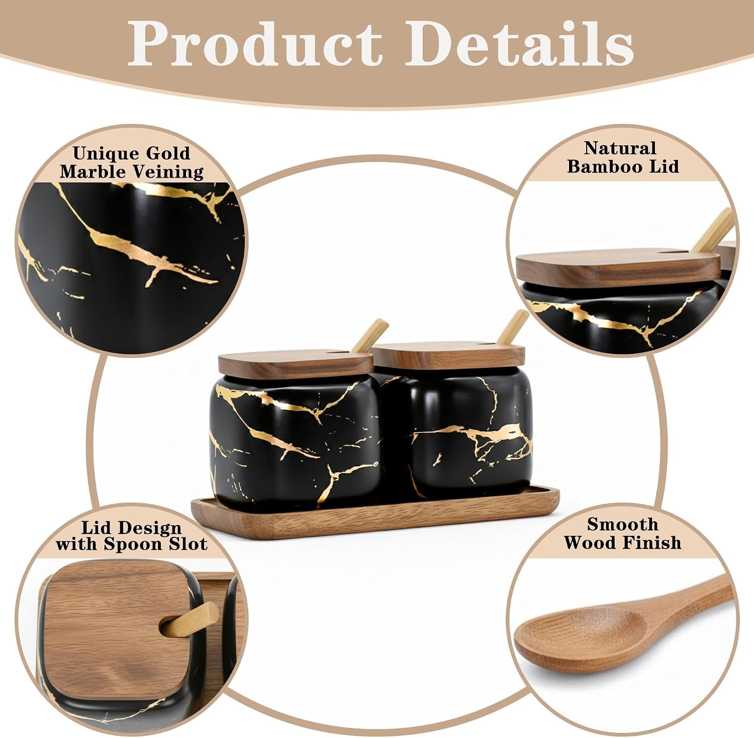 Sets of 2 Marble Ceramic Seasoning Jars Ceramic Sugar Salt Bowl Condiment Pots with Wooden Lids,Wooden Spoon and Wooden Tray (Black)