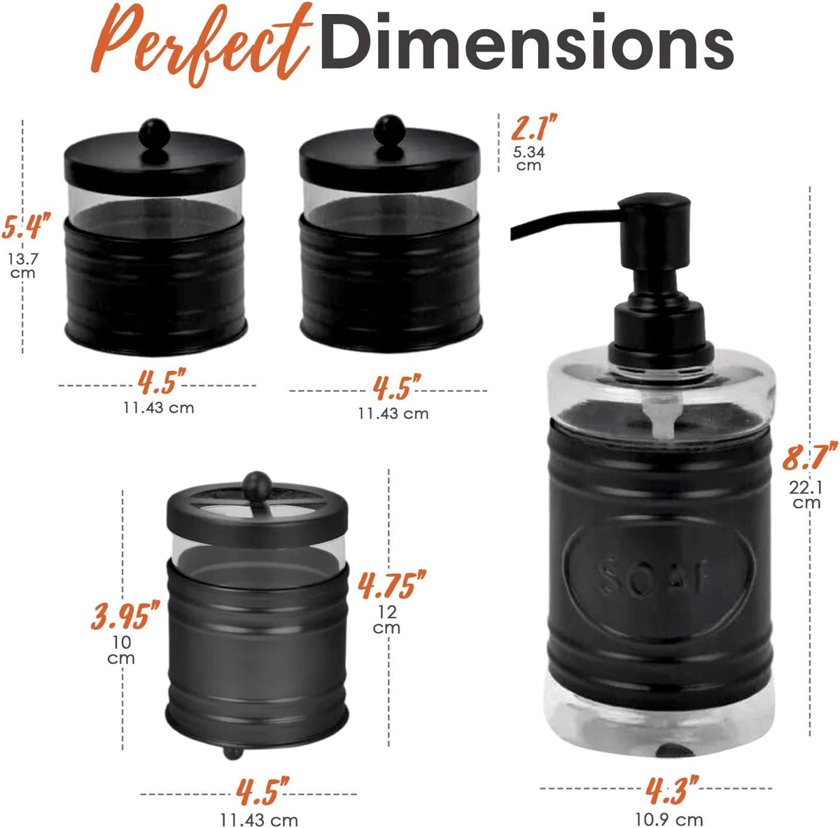 Farmhouse Matte Black Bathroom Accessories Set (4 PCS) - Lotion Soap Dispenser, Black Toothbrush Holder Set, 2 Glass Apothecary Jars (Qtip Holder) - Rustic Bathroom Accessories Set
