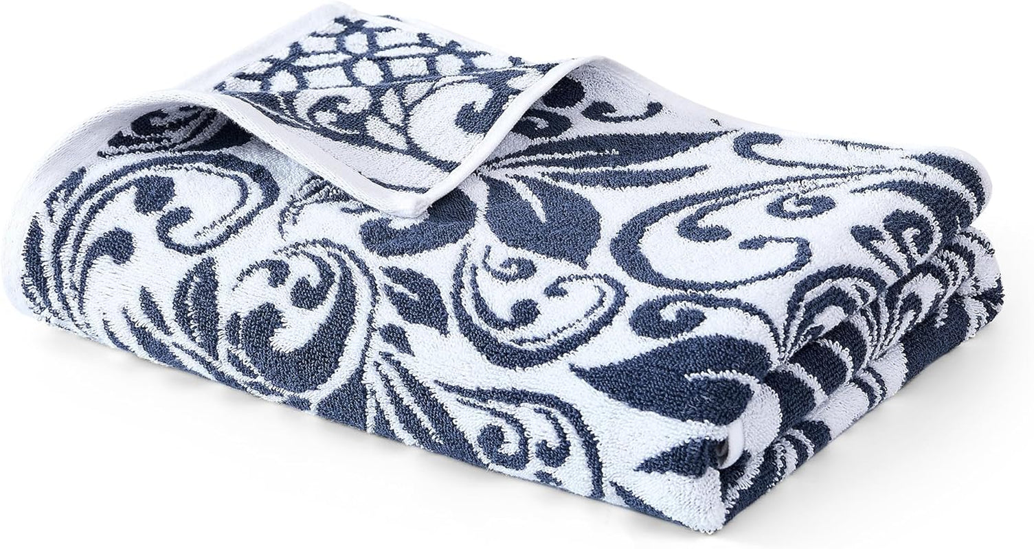 Trefoil Filigree 6-Piece 100% Cotton Towel Set – Reversible Yarn Dyed Jacquard – Includes 2 Bath Towels, 2 Hand Towels, 2 Washcloths – Absorbent, Quick Dry, Soft & Durable – Navy Blue