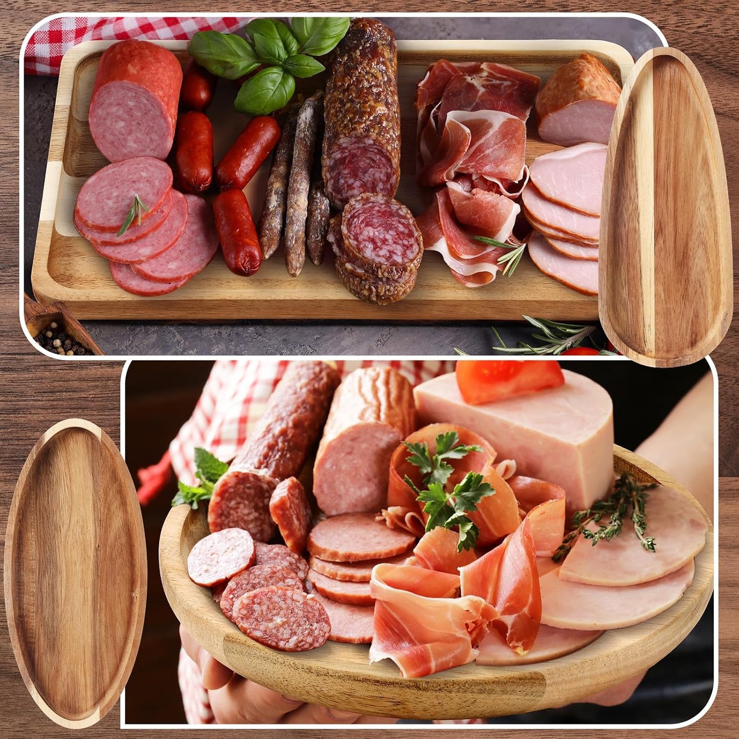 Set of 10 Acacia Wood Serving Platter and Trays Multi Shape Wood Plates Serving Tray Acacia Wooden Charcuterie Board for Cookie Dessert Coffee Wedding Housewarming Gift(Classic Style)