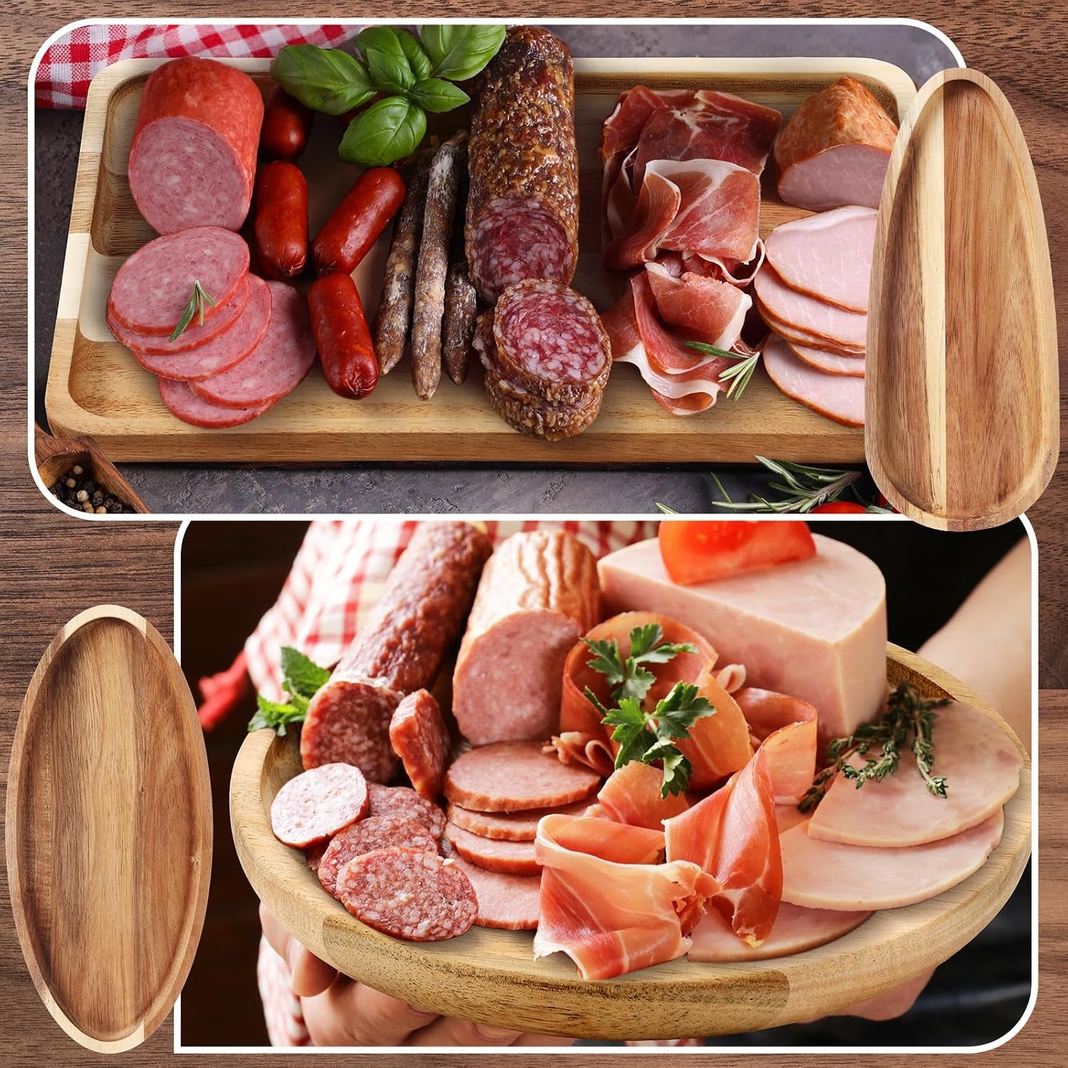 Set of 10 Acacia Wood Serving Platter and Trays Multi Shape Wood Plates Serving Tray Acacia Wooden Charcuterie Board for Cookie Dessert Coffee Wedding Housewarming Gift(Classic Style)
