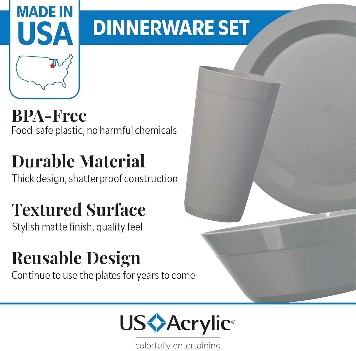 Newport Plastic Plate, Bowl and Tumbler Dinnerware Set for 4 in Grey Stone | 12-Piece Drinking and Dining Set | Reusable, Bpa-Free, Made in the USA, Top-Rack Dishwasher Safe