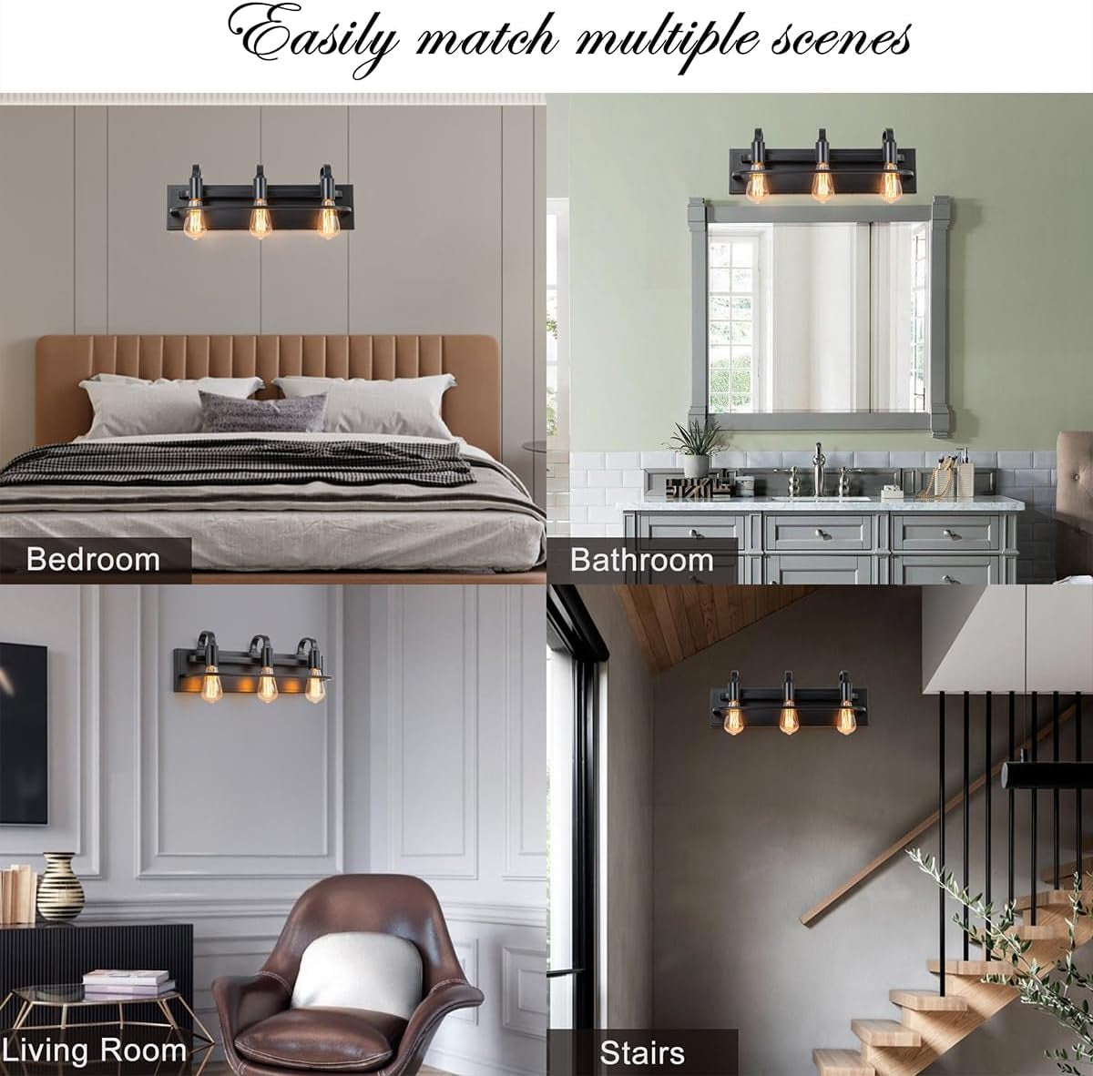 Industrial Vanity Light Fixture, Matte Black Farmhouse Bathroom Wall Sconce Lighting(3-Light)
