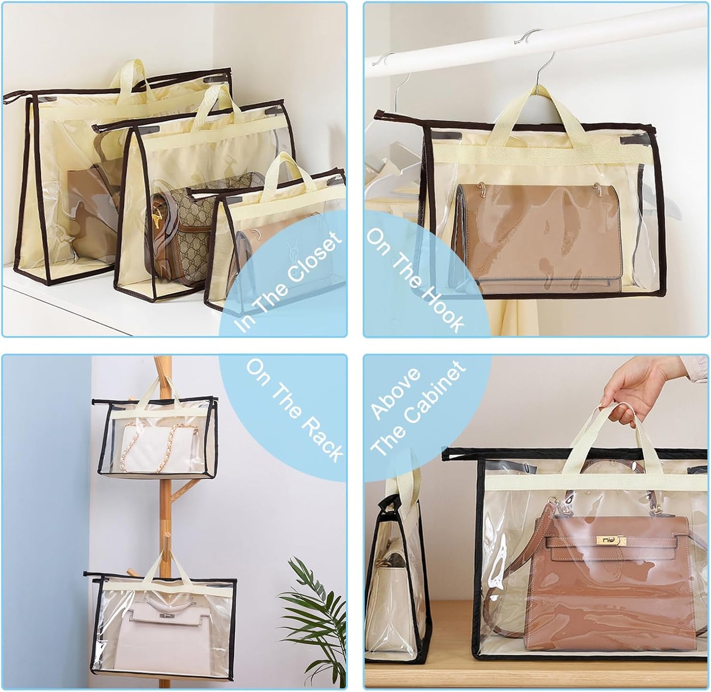 8 Pack Handbag Dust Bags Clear Purse Storage Organizer for Closet, Hanging Zipper Storage Bag for Handbags
