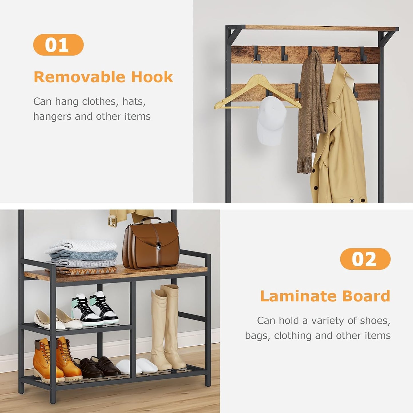 Coat Rack Shoe Bench, Hall Tree Entryway Storage Bench, Wood Look Accent Furniture with Metal Frame, 3-In-1 Design (Rustic Brown)