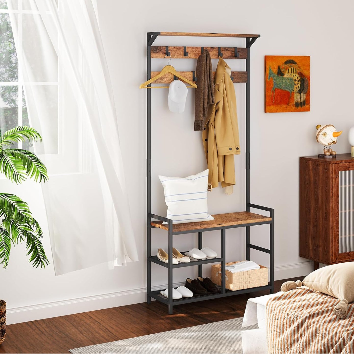 Coat Rack Shoe Bench, Hall Tree Entryway Storage Bench, Wood Look Accent Furniture with Metal Frame, 3-In-1 Design (Rustic Brown)
