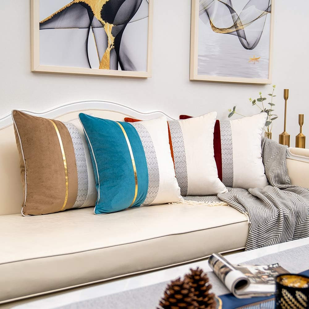 Wine Red Patchwork Velvet Lumbar Pillow Cover with Gold Striped Leather Cushion Case Modern Luxury Pillowcase for Sofa Couch Bedroom Living Room Home Decor,12"X20"