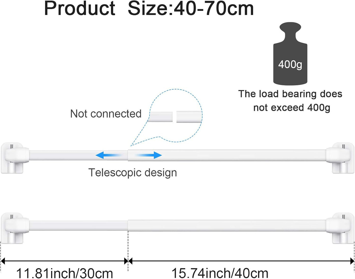 2 Pieces Adjustable Plastic Net Curtain Rod 15.7-27.5 Inch Self Adhesive Shower Curtain Rods for Window Cupboard Bars Tension Drill Less Accessories for Home Bathroom Hotel (White)
