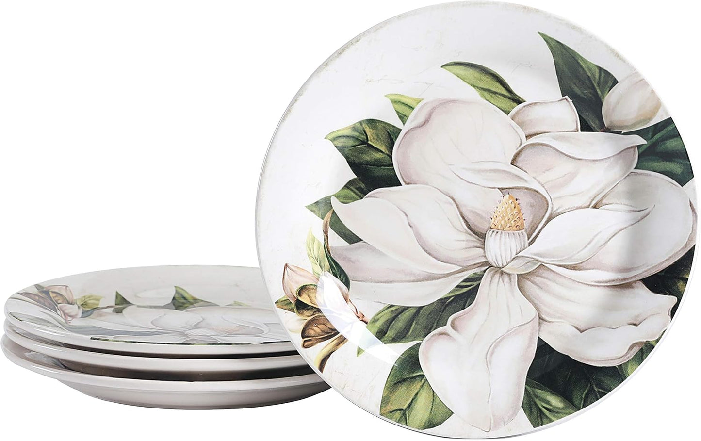 Magnolia Floral Salad Plates Set of 4, 8.75 Inch Ceramic Dessert Plates for Salad, Appetizer, Side Dishes, Microwave and Dishwasher Safe, Gift for Housewarming and Thanksgiving