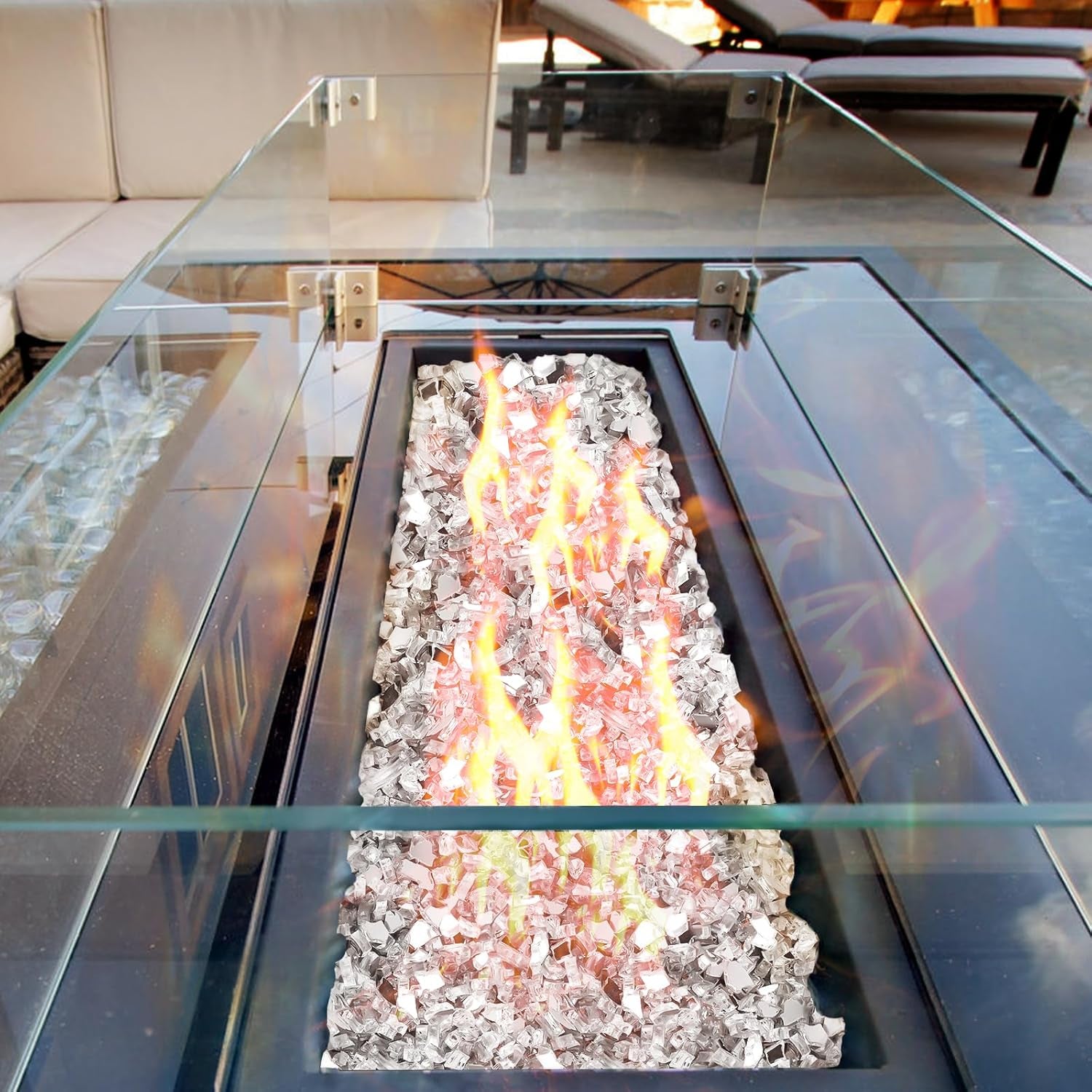Fire Glass for Gas Fireplace 10 Pounds Fire Glass for Fireplace Fire Pit Glass Rock 1/2 Inch Clear Reflective Tempered Safe for Outdoors and Indoors Propane Fire Pit Table, Clear White