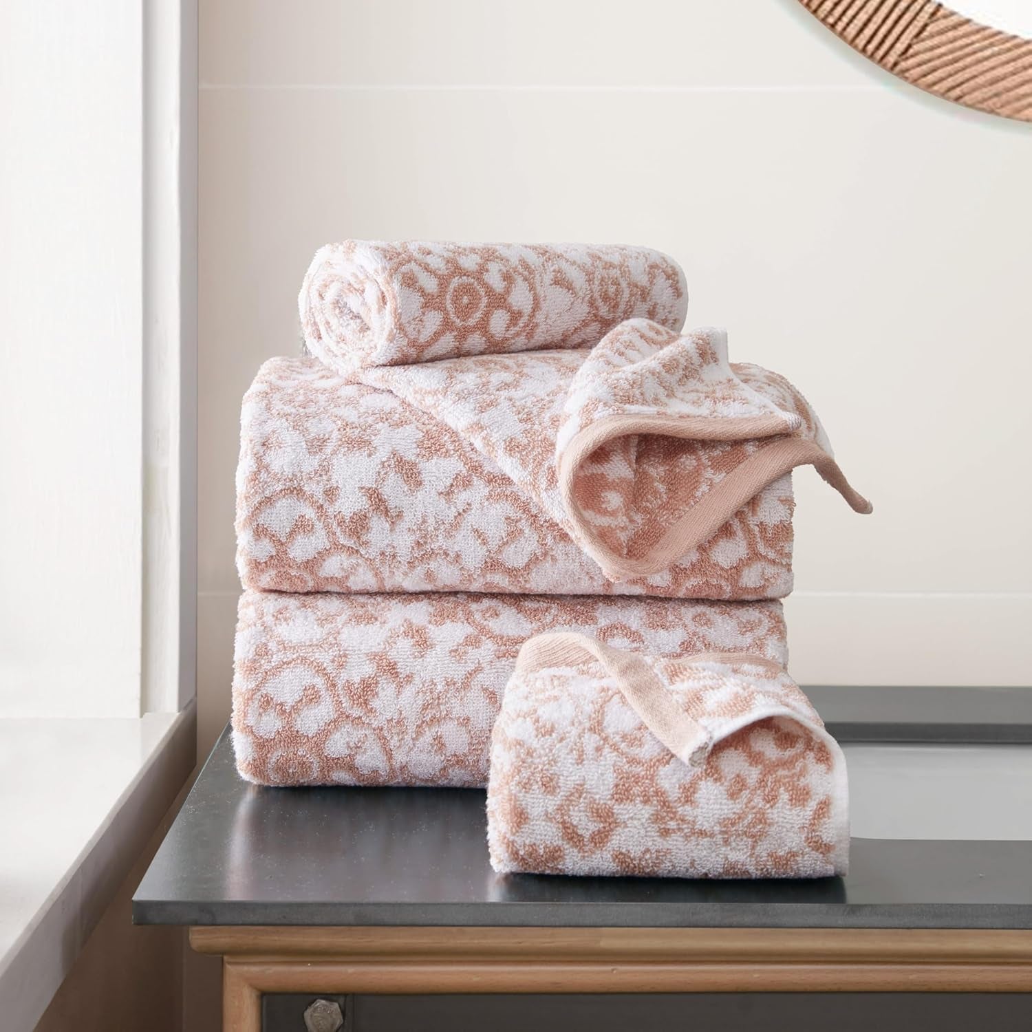 - Bath Towel 4 Piece Set, Aziza, Premium Bathroom Decor, Includes 2 Hand Towels and 2 Shower Towels, 100% Cotton & Machine Washable, Rose Smoke