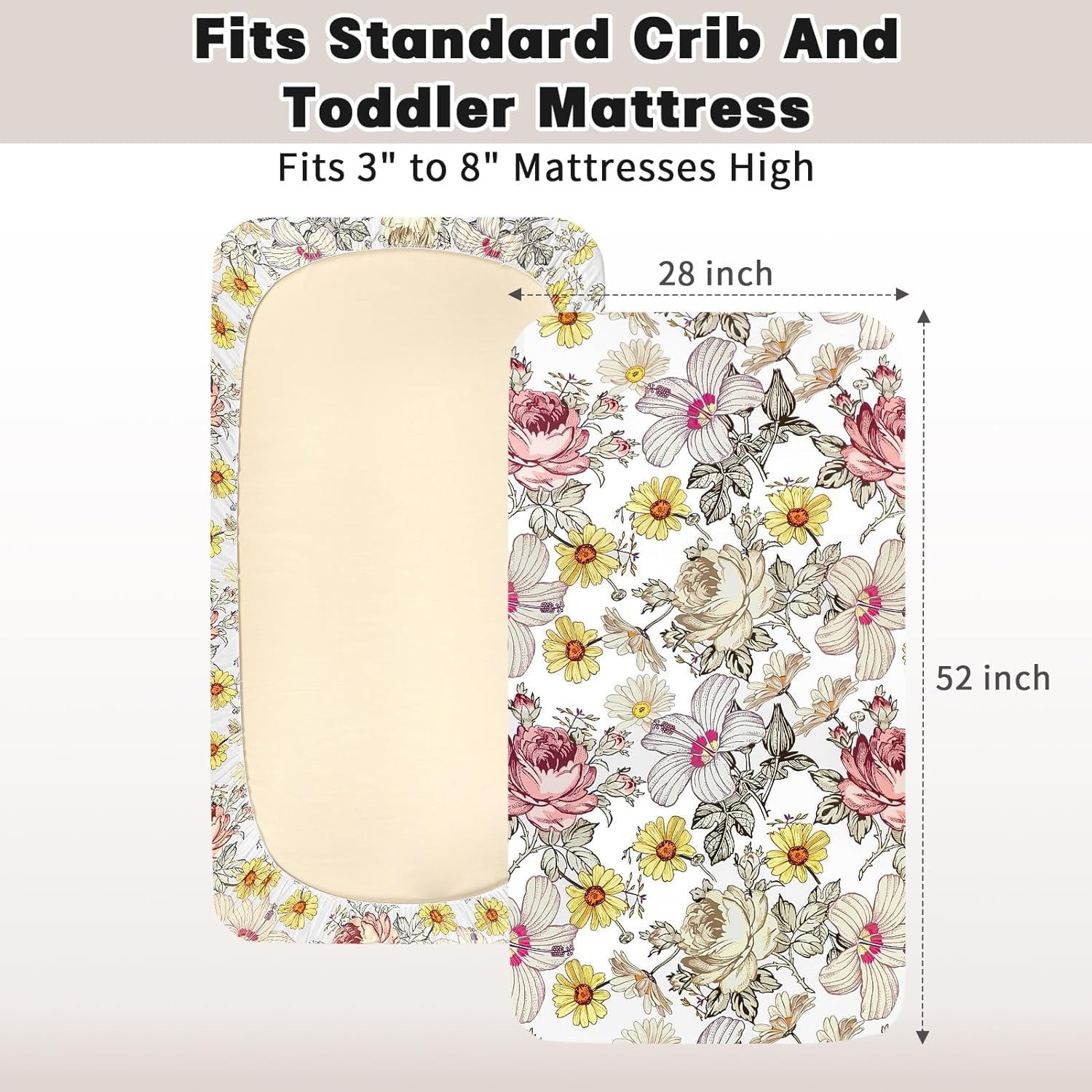 Crib Sheets for Girl Boy,  Crib Sheet Fitted Fits for Standard Crib & Toddler Mattresses, Ultra Soft Breathable Baby Crib Sheets Neutral 52'' X 28'' Inch Boho Crib Sheet, Daisy Floral