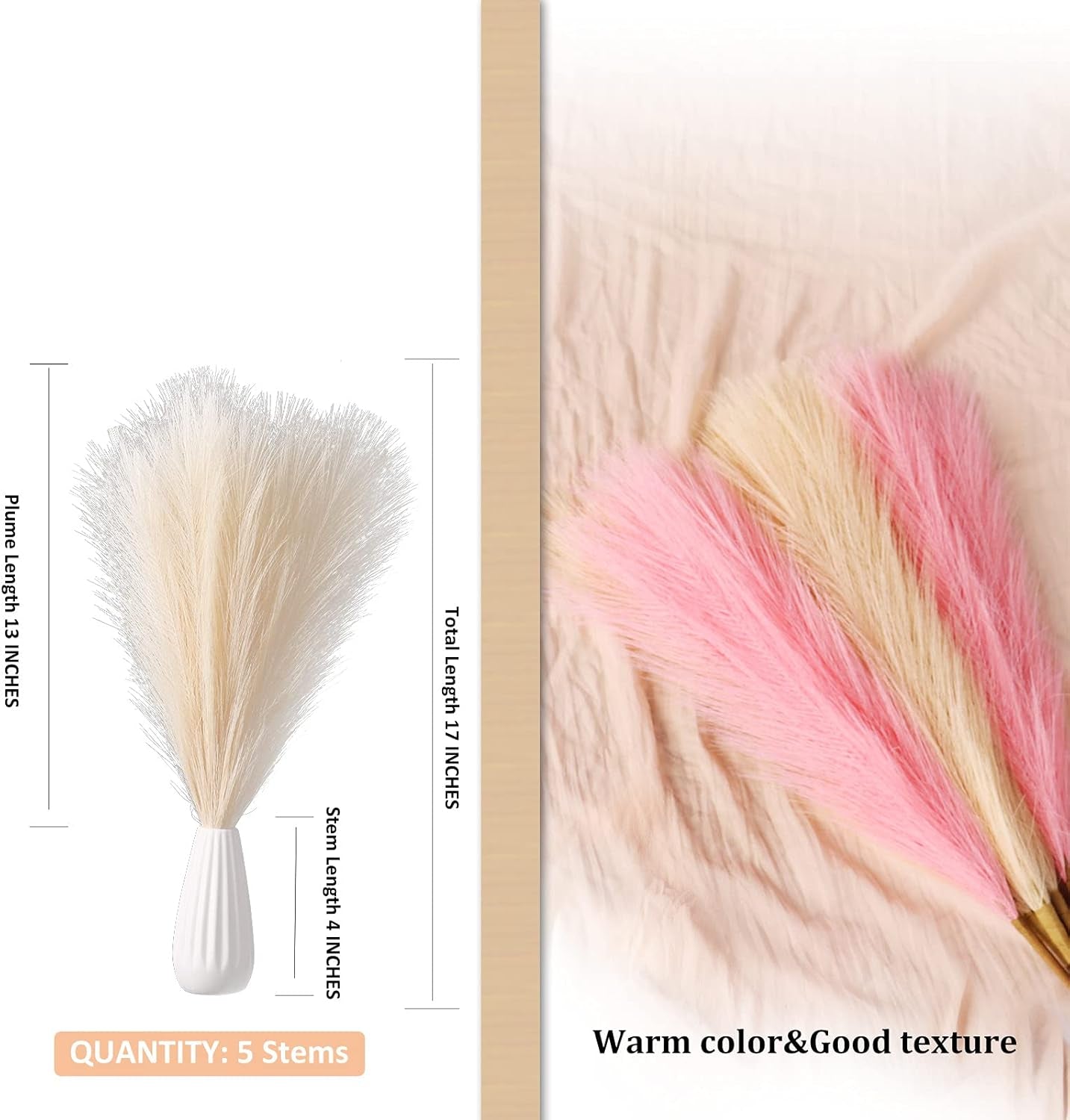 Faux Pampas Grass, 18"/45Cm Artificial Pampas Grass Fluffy 6 Stem Pompous Grass Flower Arrangement for Boho Home Wedding Decoration(Grey)