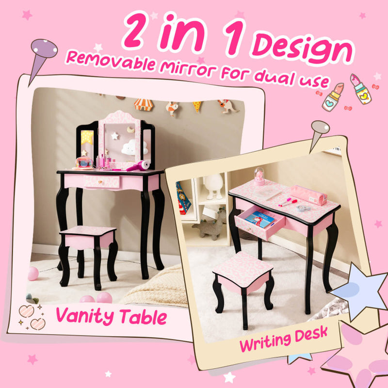 Kid Vanity Set with Tri-Folding Mirror and Leopard Print
