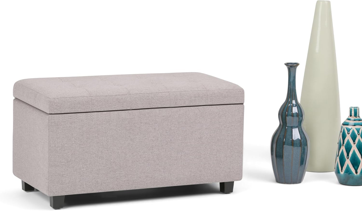 Cosmopolitan 34 Inch Wide Transitional Rectangle Storage Ottoman in Cloud Grey Linen Look Fabric, Assembled, for the Living Room, Entryway and Family Room