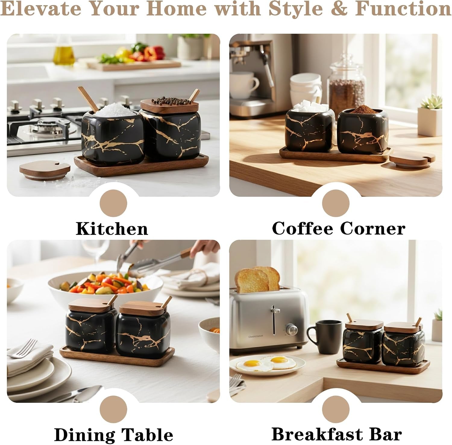 Sets of 2 Marble Ceramic Seasoning Jars Ceramic Sugar Salt Bowl Condiment Pots with Wooden Lids,Wooden Spoon and Wooden Tray (Black)