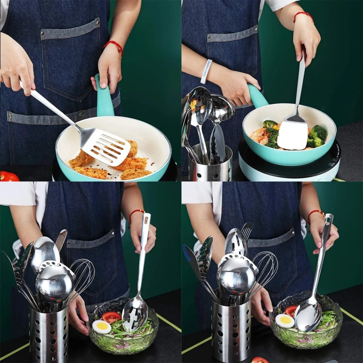 13 Pieces Shiny Stainless Steel Kitchen Utensils Set with Utensil Holder