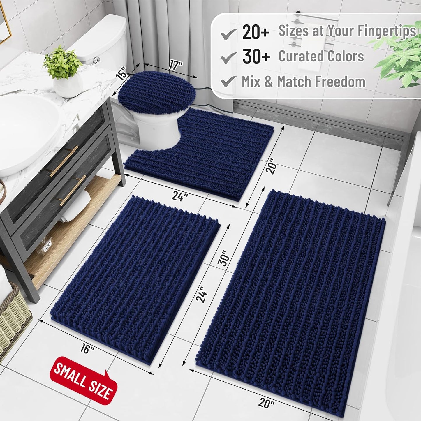 Luxury Chenille Bathroom Rug Mat, Extra Soft Thick Absorbent Shaggy Bath Rugs, Non-Slip Machine Wash Dry, Plush Bath Mats for Bathroom, Shower and Tub, 24X16, Navy