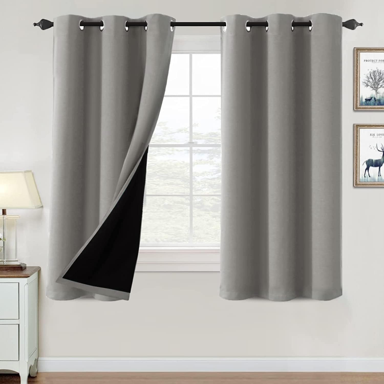 100% Blackout Curtains for Bedroom Thermal Insulated Blackout Curtains 63 Inch Length Heat and Full Light Blocking Curtains for Living Room with Black Liner 2 Panels Set, Dove Gray