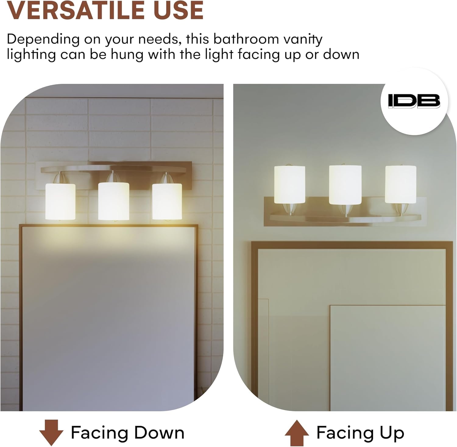 Vanity Light Fixture - Interior Bathroom Lighting Bar with Modern Milk Glass Shade - Bathroom Lights over Mirror Fixture for Powder Room - Brushed Nickel, 3 Lights, E26, Bulbs Not Included