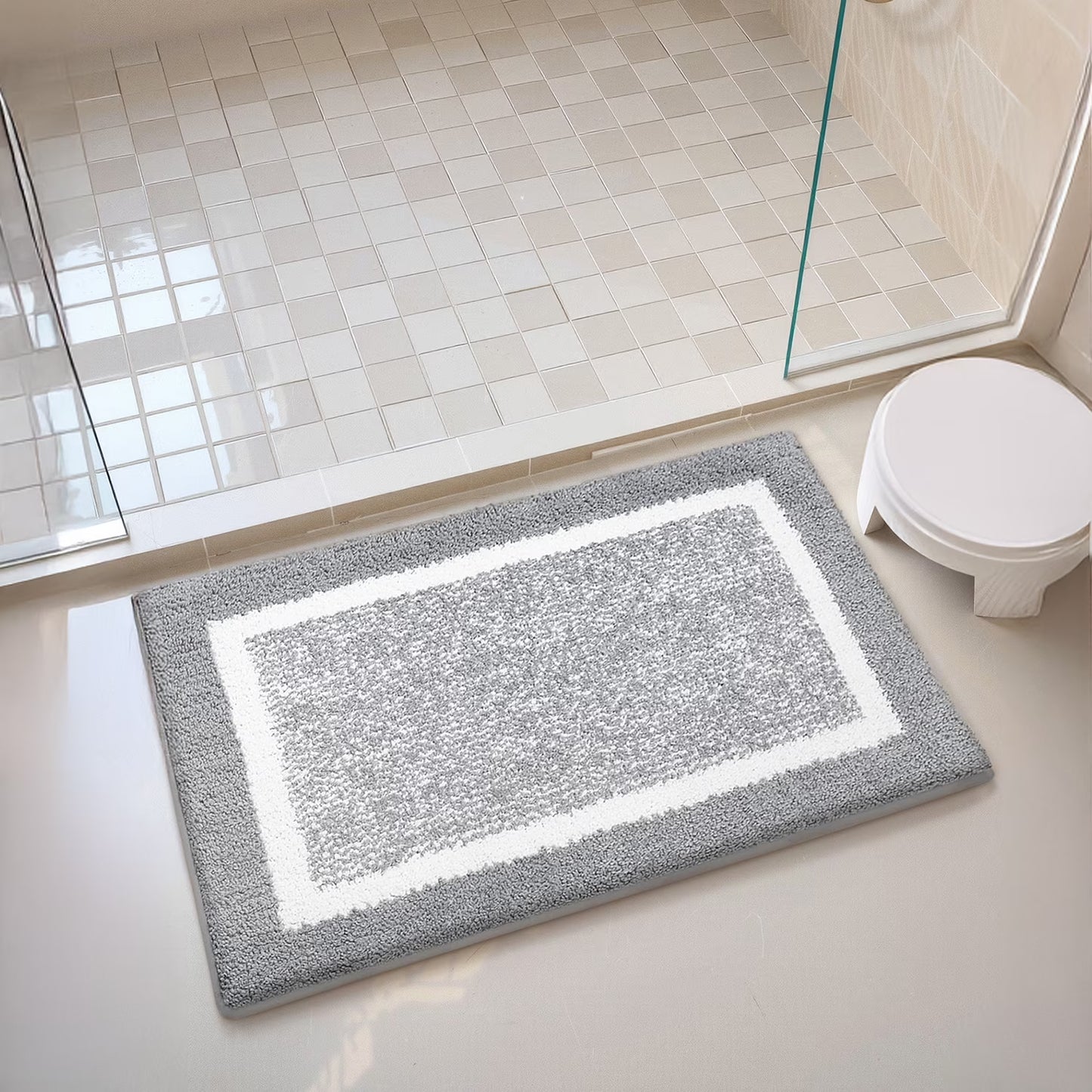 Bathroom Rug, Soft Absorbent Bathroom Mat and Bath Mat, Premium Microfiber Shag Bath Rug Machine Washable (16"X24",Grey and White)
