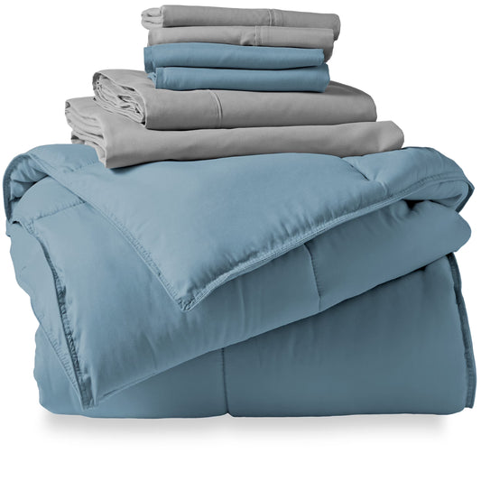 Microfiber 8-Piece Coronet Blue and Light Gray Bed in a Bag, Split King