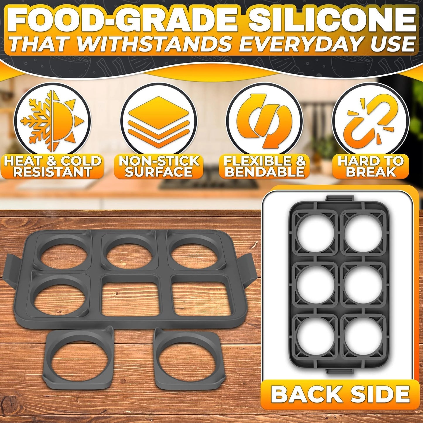 Silicone Egg Rings for Frying Eggs 16.5 X8.9 Inch 6 Ring Removable Silicone Egg Molds for Griddle 12 Shapes 6 round & 6 Square Non Stick & Heat Resistant Ergonomic Handles for Easy Cooking