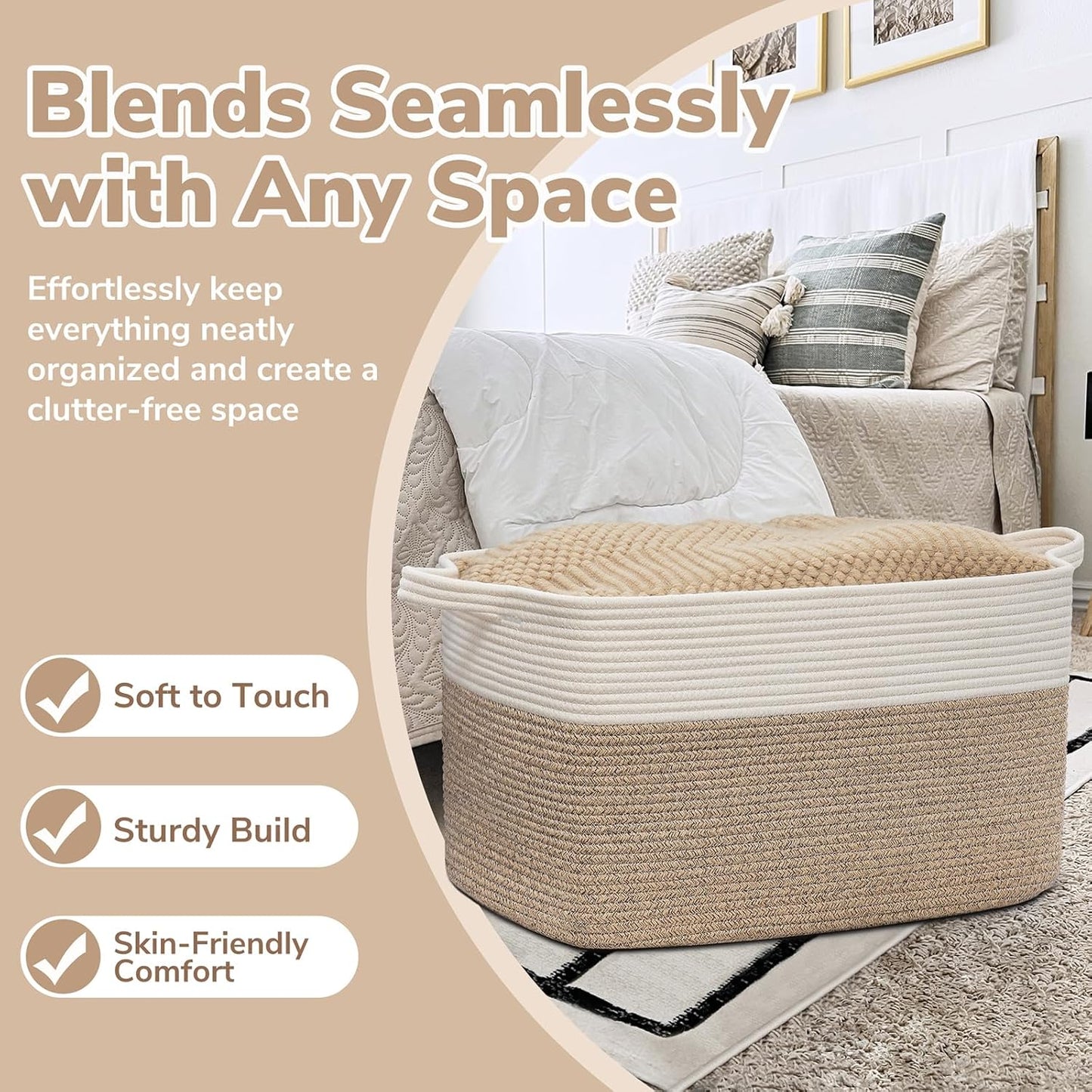 Large Woven Rope Blanket Basket, Rectangle, White & Light Brown | 21.6" × 14.9" × 11.8" Storage Basket for Pillows & Toys Laundry, Nursery & Living Room Organization, Reinforced Handles