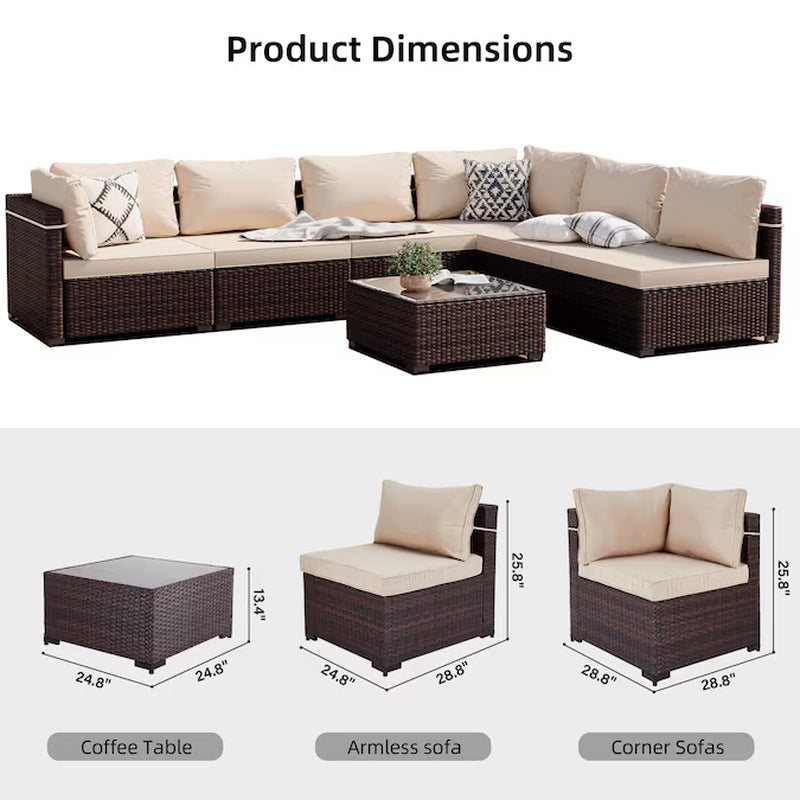 7 -Piece Rattan Patio Conversation Set with Beige Cushions