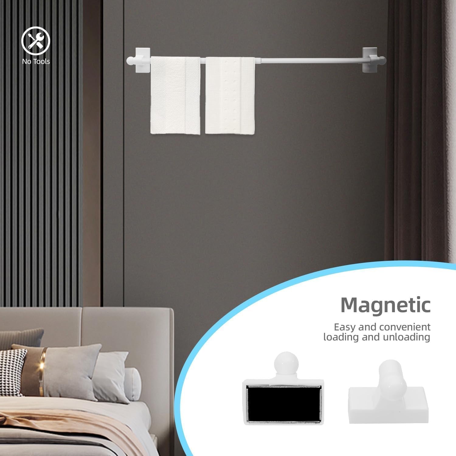 Multi-Use Adjustable Magnetic Curtain Rods for Doors, Windows, Tool Boxes, 9-16 Inch, Easy Installation，2-Pack，White