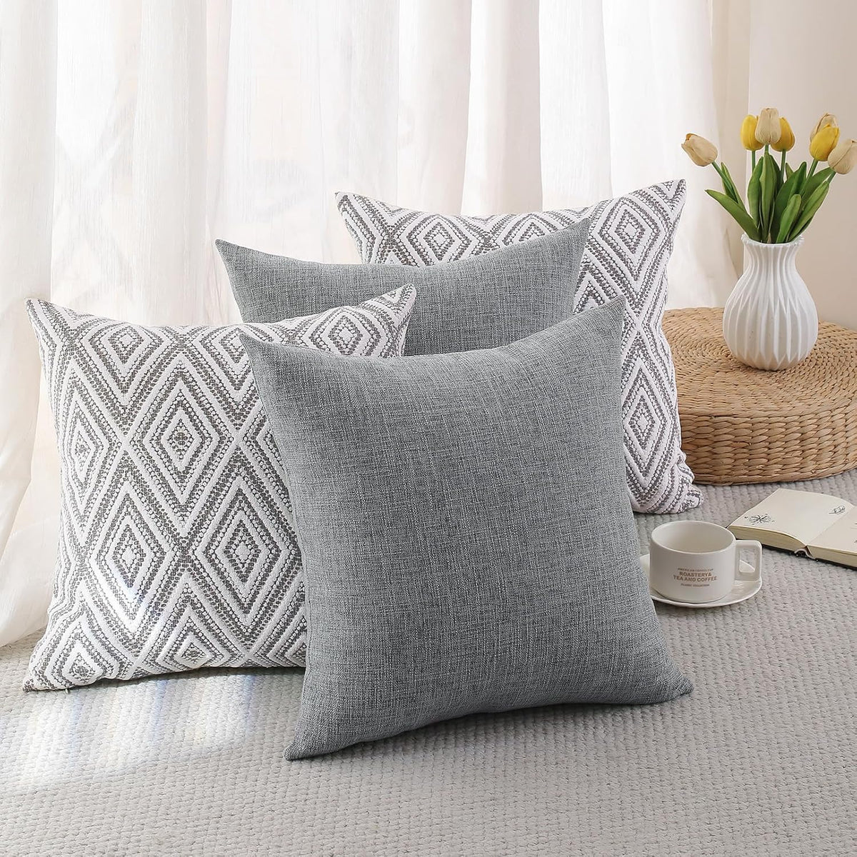 Throw Pillow Covers 18X18, Set of 4, Grey Textured Couch Pillow Covers | Polyester Fabric, Patterned and Solid Designs, Hidden Zippers, Machine Washable, for Sofas and Beds, Inserts Not Included