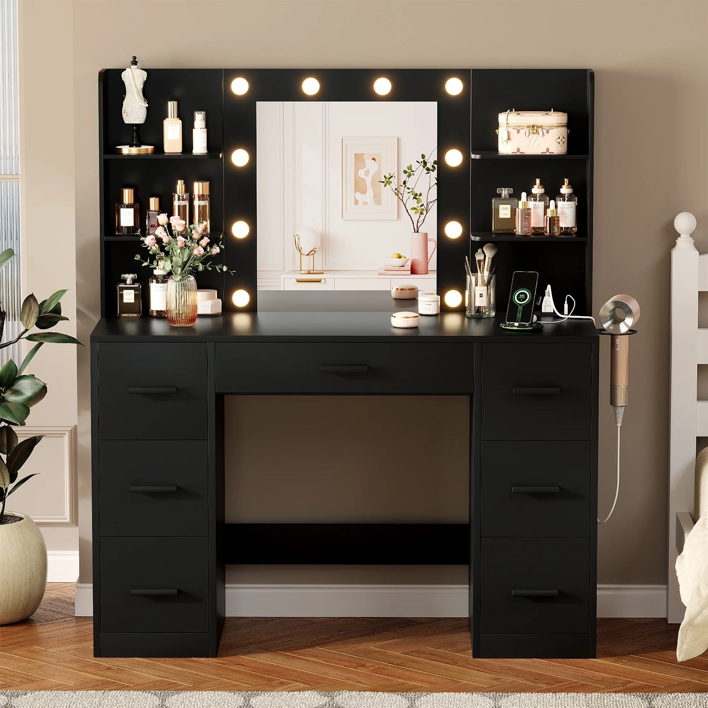 Makeup Vanity with Mirror and Drawers Vanity Desk Set with 3 Modes Adjustable Brightness Lights and USB Power Outlet, Black