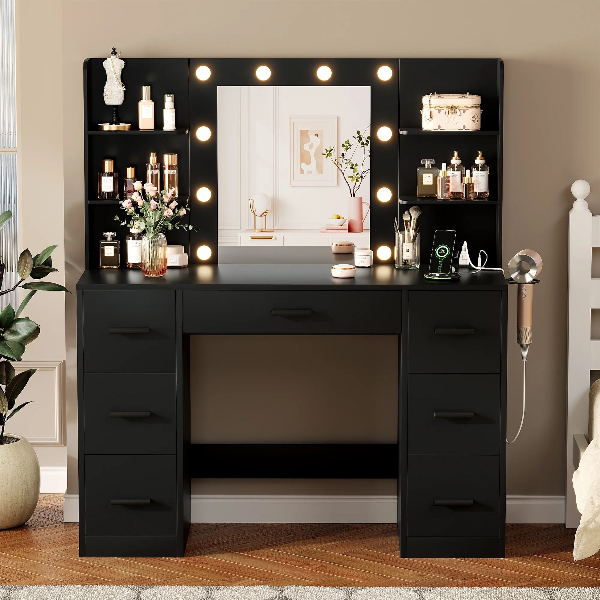 Makeup Vanity with Mirror and Drawers Vanity Desk Set with 3 Modes Adjustable Brightness Lights and USB Power Outlet, Black