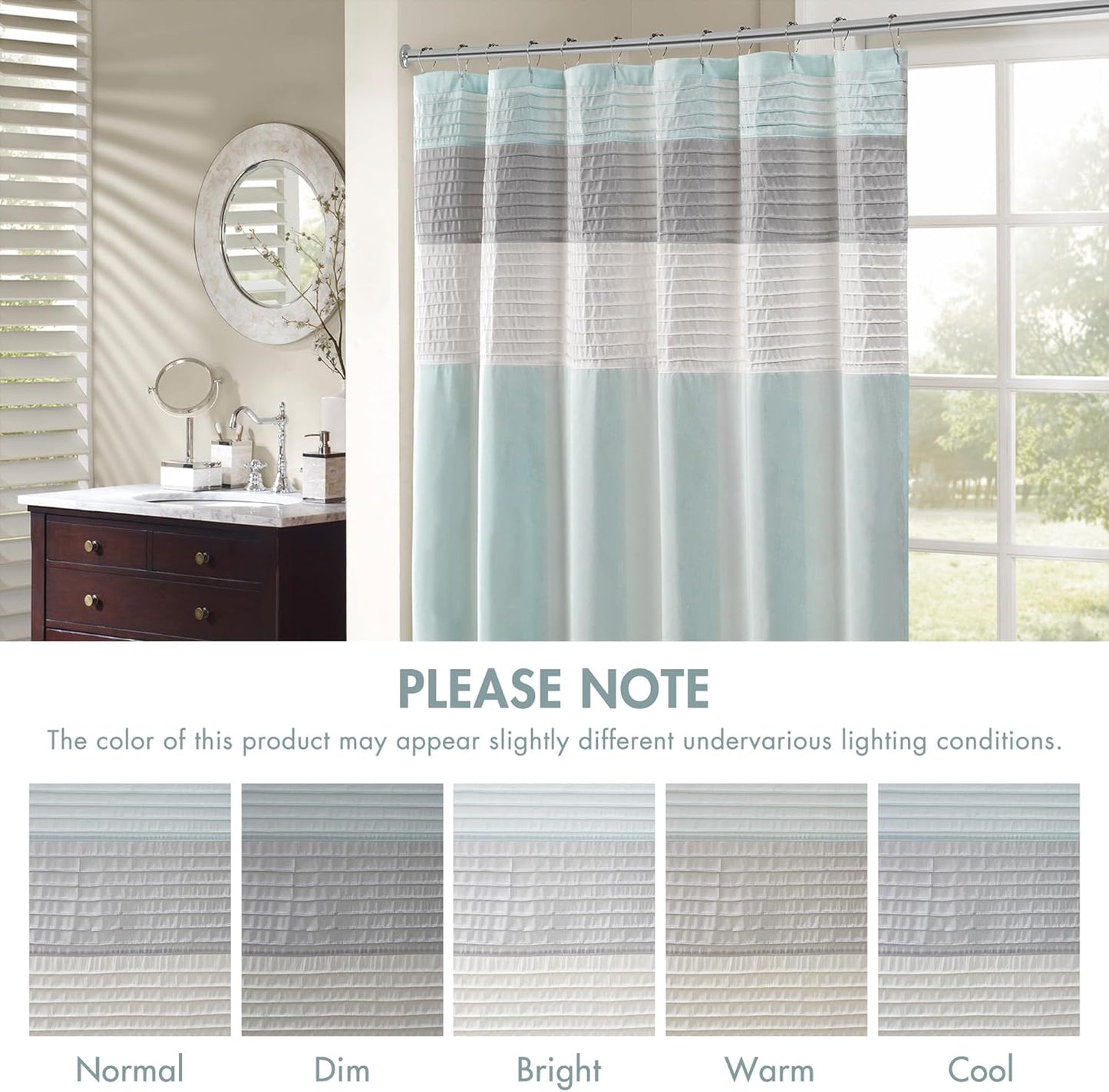 Amherst Bathroom Shower Curtain Faux Silk Pieced Striped Modern Microfiber Bath Curtains, 72X72 Inches, Aqua
