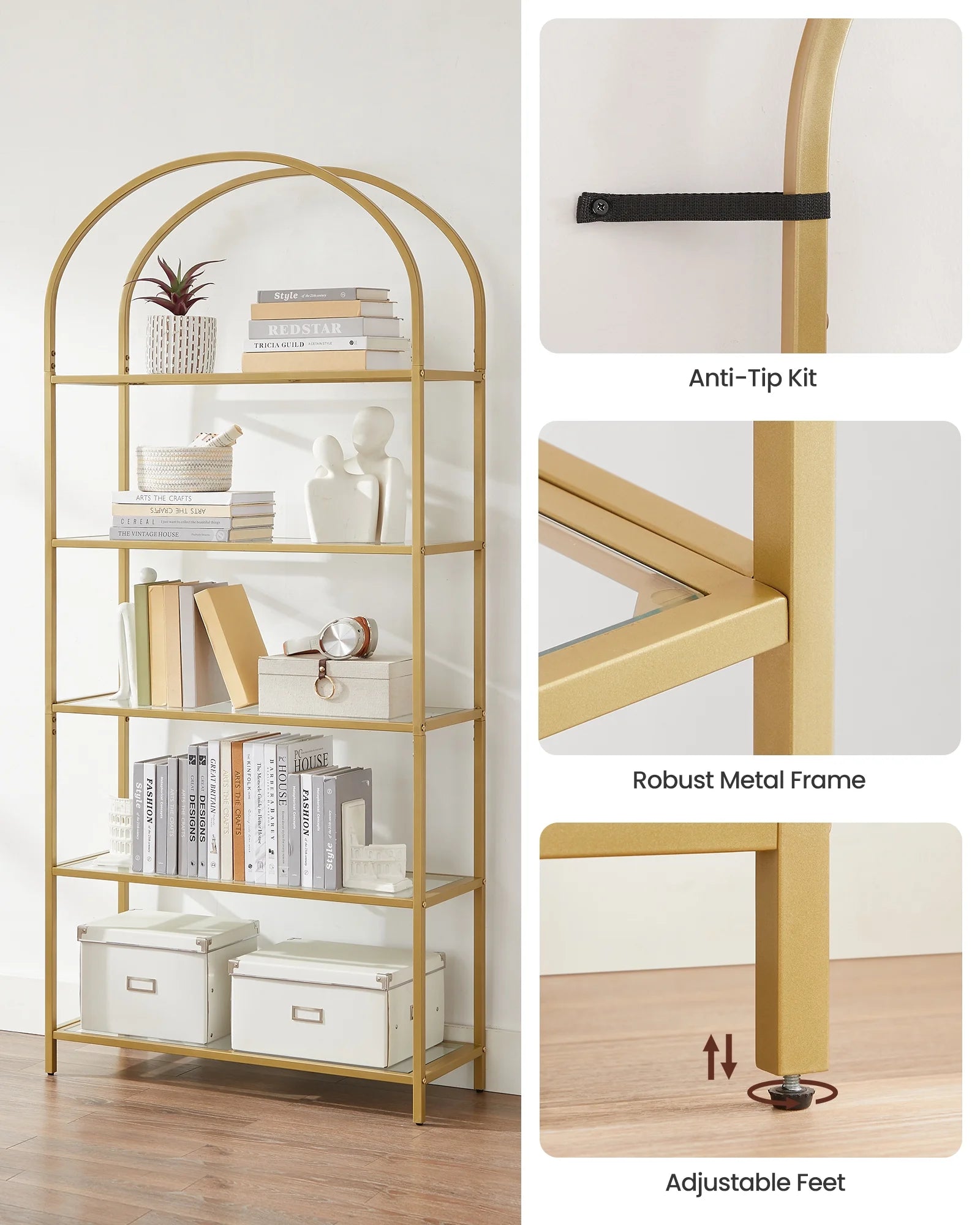 5-Tier Gold Bookshelf Display Storage Shelf Modern Bookcase with Metal Frame for Bedroom Living Room Golden
