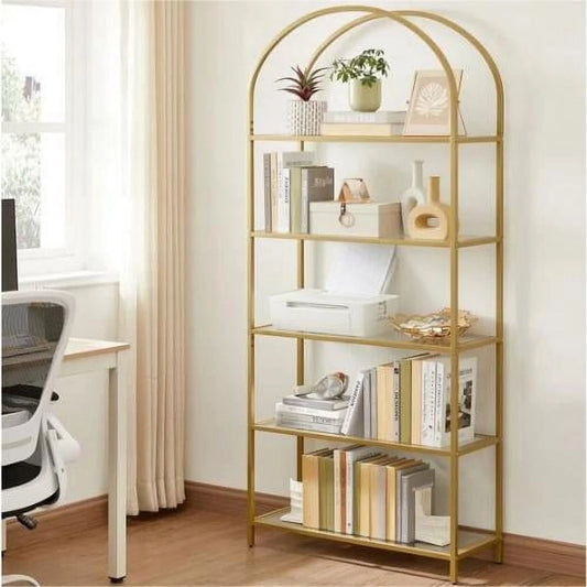 5-Tier Gold Bookshelf Display Storage Shelf Modern Bookcase with Metal Frame for Bedroom Living Room Golden