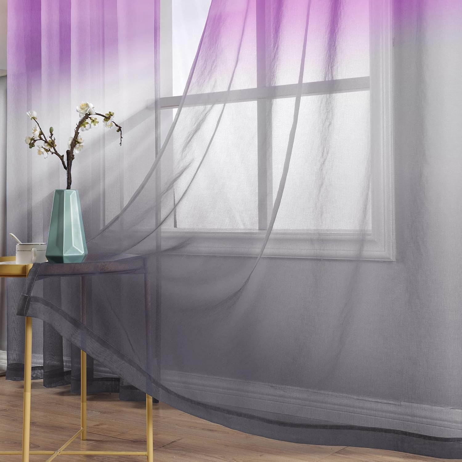 Purple and Grey Curtain Panels 84 Inches Long for Bedroom Set of 2 Sheer Ombre Light Dark Purple Room Decor for Living Room Gray