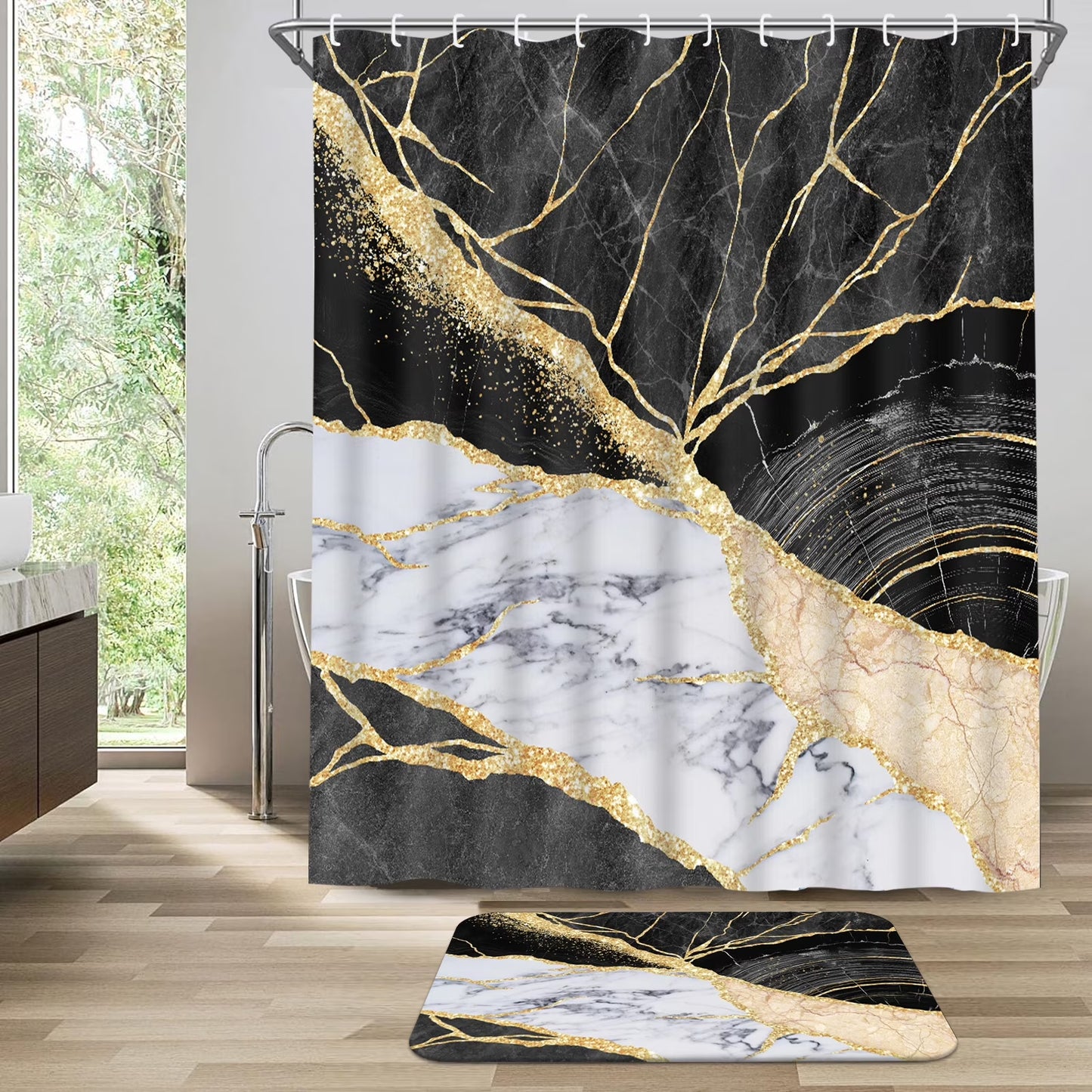 Black Gold Marble Shower Curtain Sets with Rugs, 16 Pc Modern Abstract Bathroom Sets, Waterproof Fabric Bathroom Curtain Decor with Hooks