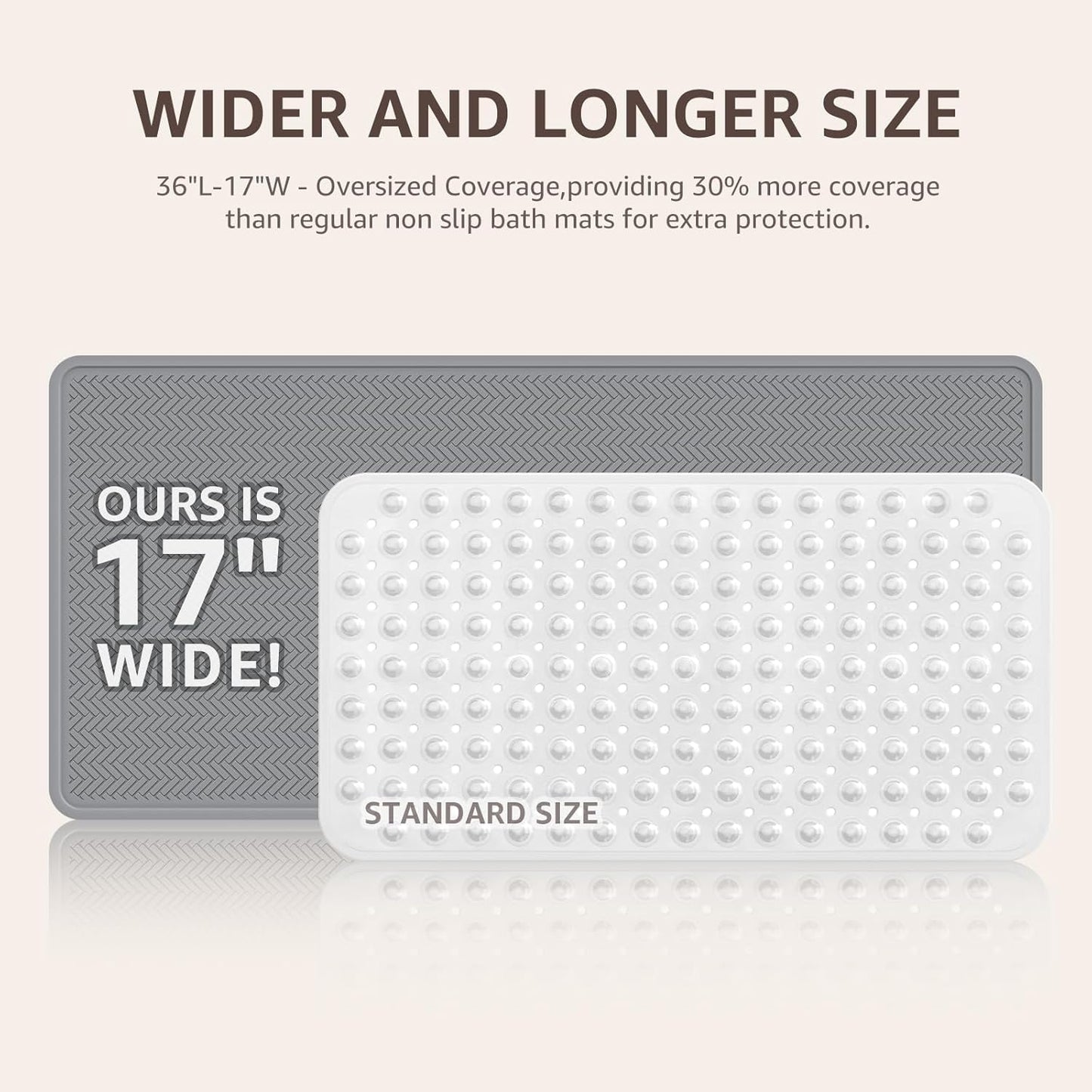 Bathtub Mat Non Slip, Extra Long Rubber Bath Mat for Tub, Machine Washable Shower anti Slip Mat with 332 Strong Suction Cups (Grey, 36" X 17")