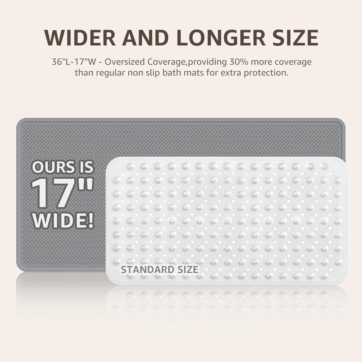 Bathtub Mat Non Slip, Extra Long Rubber Bath Mat for Tub, Machine Washable Shower anti Slip Mat with 332 Strong Suction Cups (Grey, 36" X 17")
