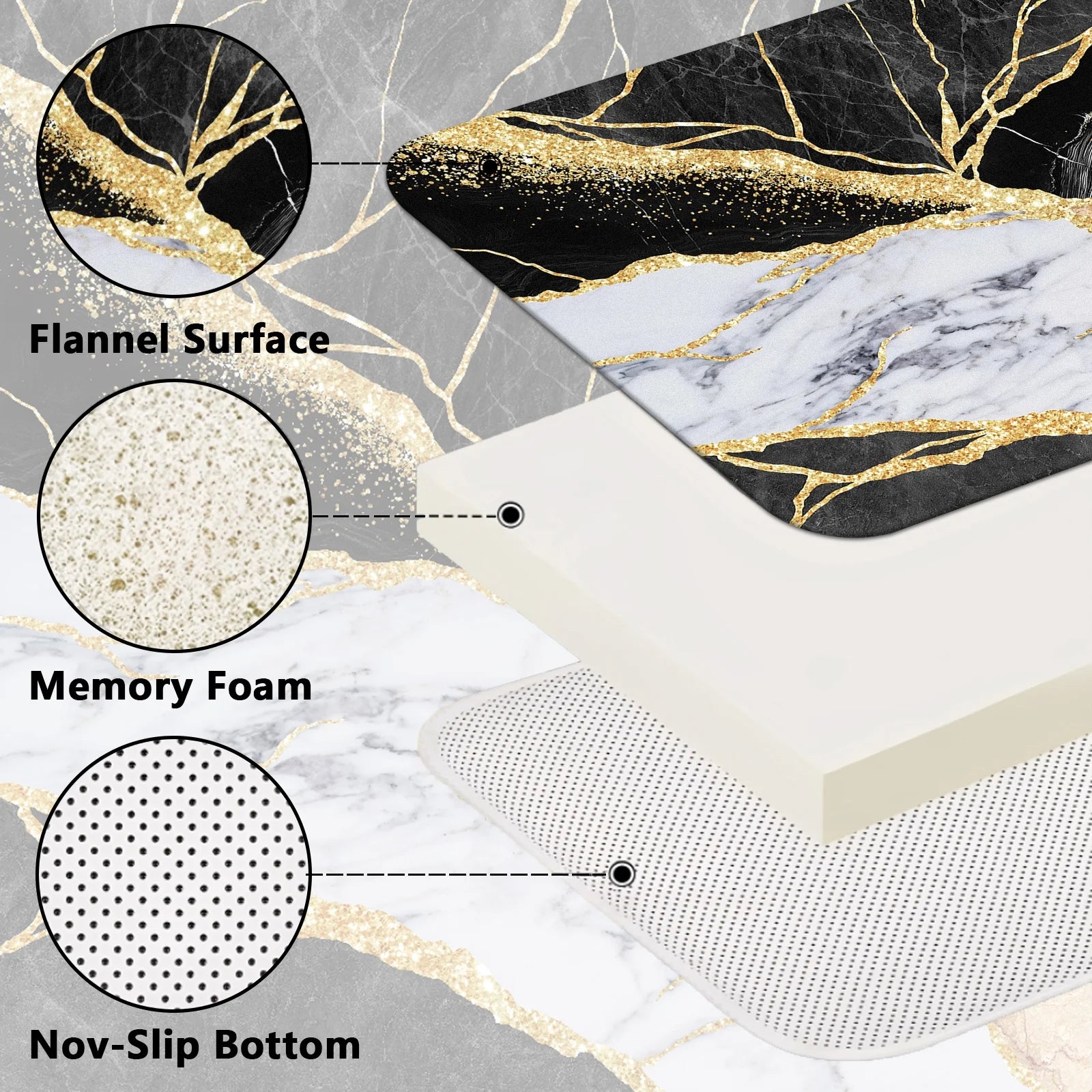 Black Gold Marble Shower Curtain Sets with Rugs, 16 Pc Modern Abstract Bathroom Sets, Waterproof Fabric Bathroom Curtain Decor with Hooks