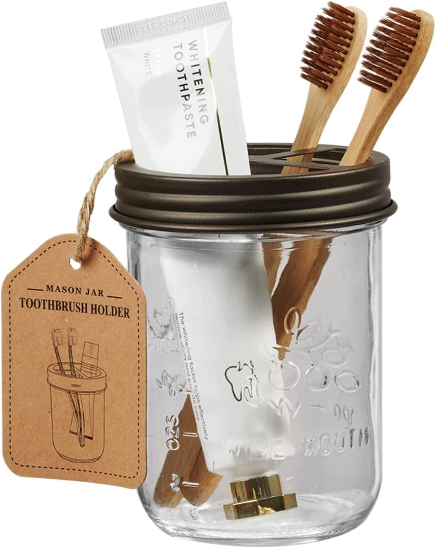 Mason Jar Bathroom Accessories Set(4 Pack) -Bronze-Lotion Soap Dispenser&Qtip Holder Set&Toothbrush Holder-Rustic Farmhouse Decor Apothecary Jar Bathroom Countertop,Vanity Organize (Bronze) | Lotion Soap Dispenser, 2 Qtip Holder Set, Toothbrush Holder, Rustic Farmhouse Bathroom Decor, Countertop Vanity Organizer