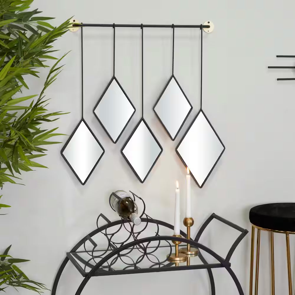 27 In. X 27 In. Diamond Shapes Geometric Framed Black Wall Mirror with Hanging Bar