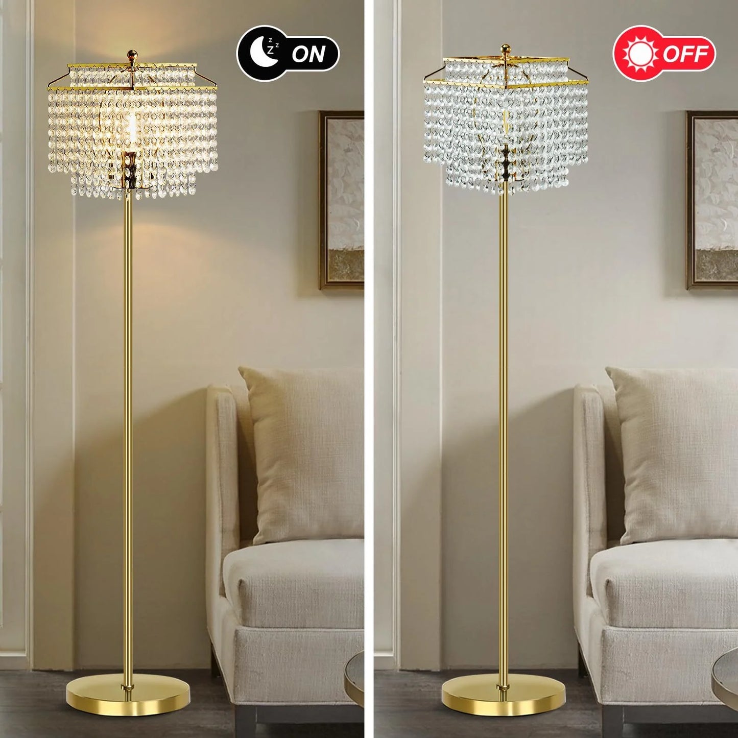 Gold Crystal Floor Lamp , Modern Standing Lamps with Double-Layer Lampshade, On-Off Foot Switch, for Living Room, Bedroom, Office, 8W Bulb Included