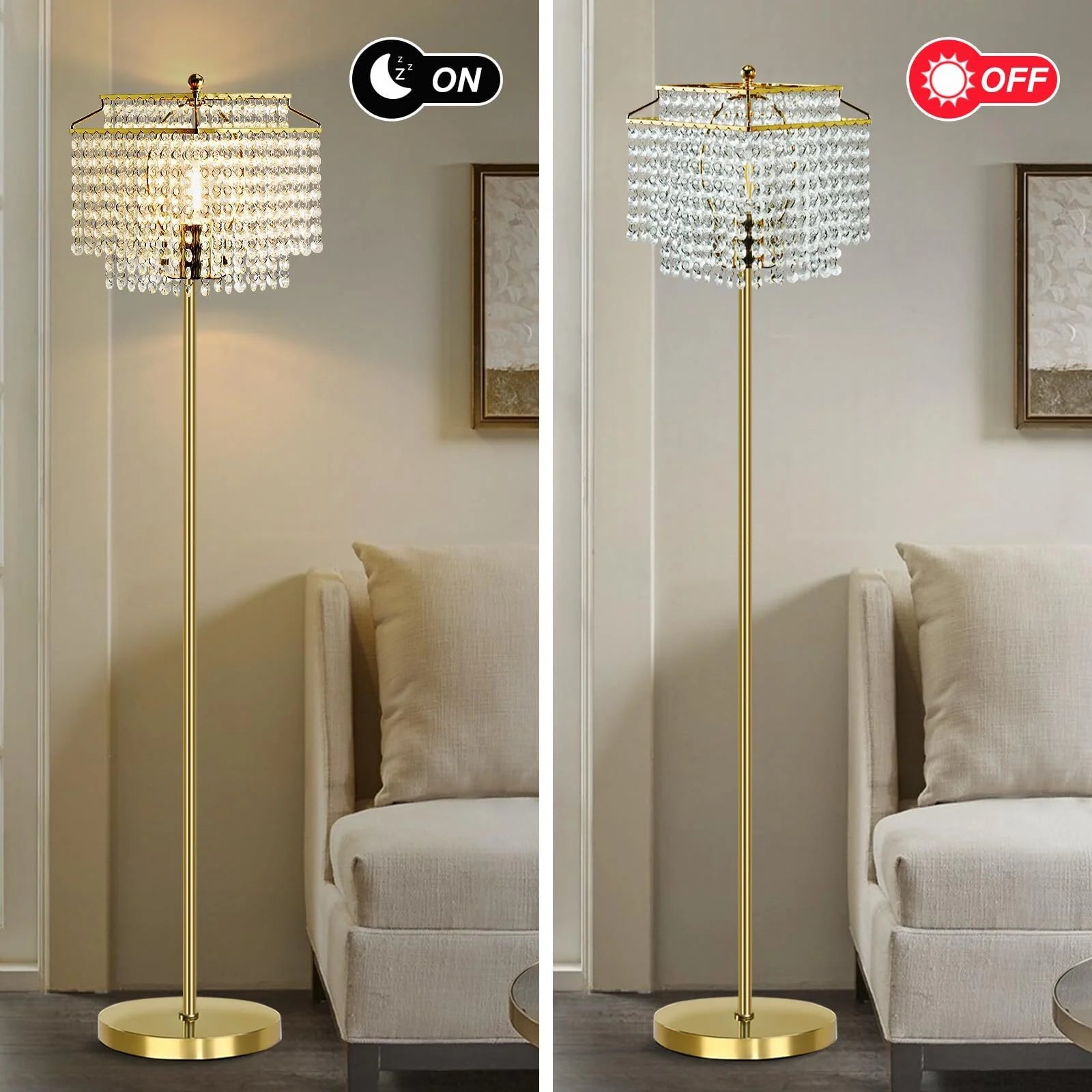 Gold Crystal Floor Lamp , Modern Standing Lamps with Double-Layer Lampshade, On-Off Foot Switch, for Living Room, Bedroom, Office, 8W Bulb Included