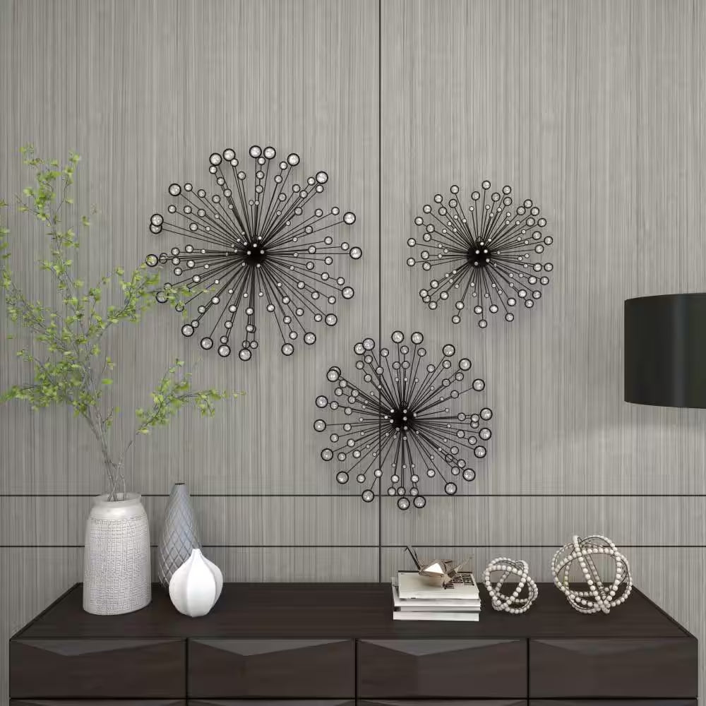 Caspian 24 In. X 4 In. Black Metal Starburst Wall Decor with Crystal Embellishments (3-Pack)
