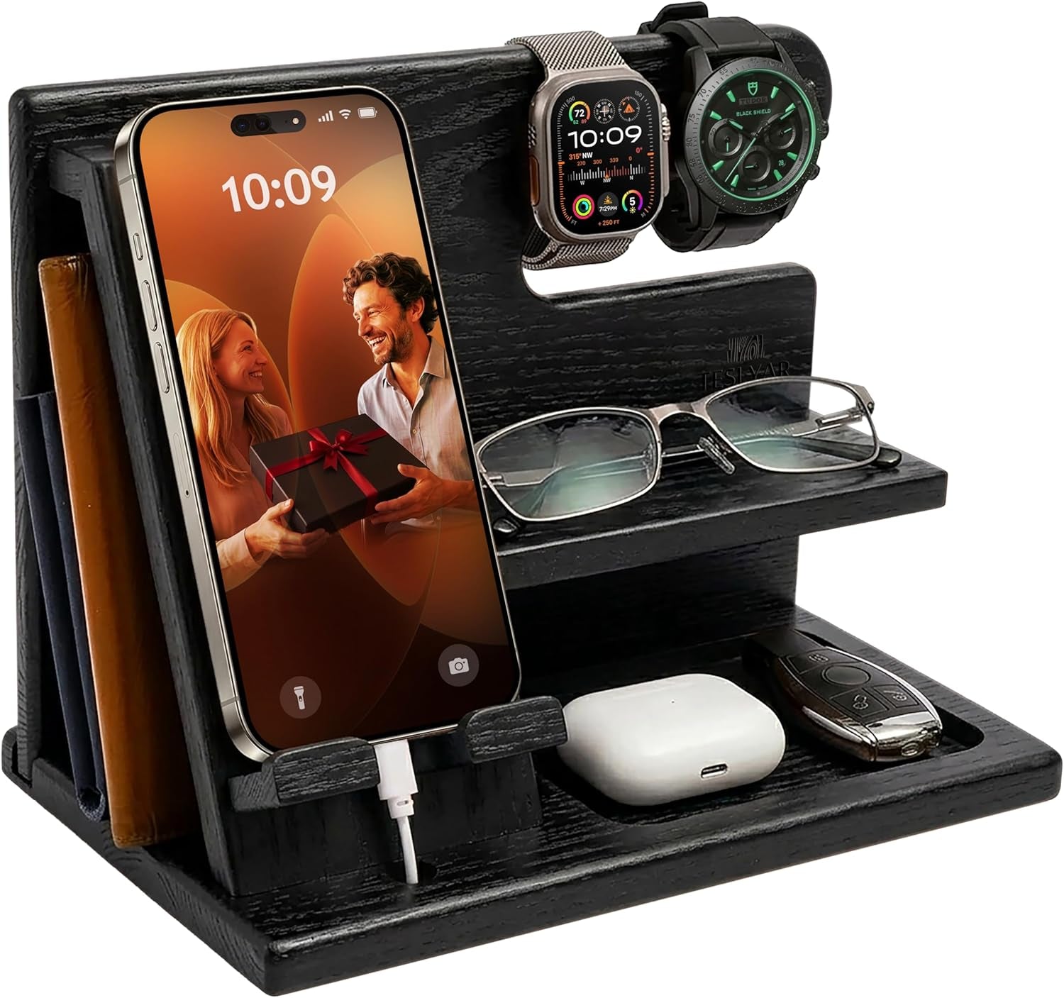 Wood Phone Docking Station for Men - Desktop or Nightstand Organizer - Birthday Gifts for Men, Dad - Anniversary Idea from Wife - Key Holder, Stand Wallet, Watch & Essentials (Granite Black)