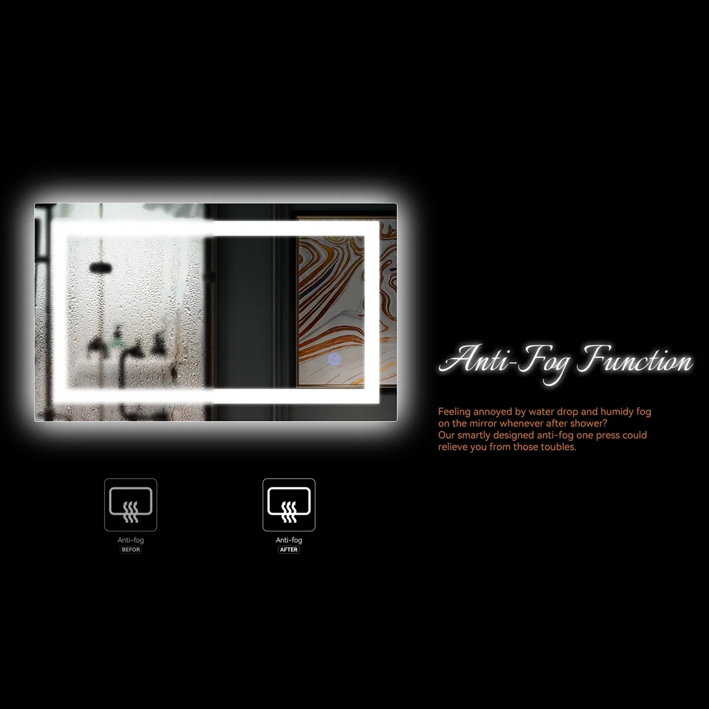 28X20 Inch LED Lighted Bathroom Mirror Silvered Wall Mounted Mirror with Touch Button,Anti Fog and IP67 Waterproof Square Mirror